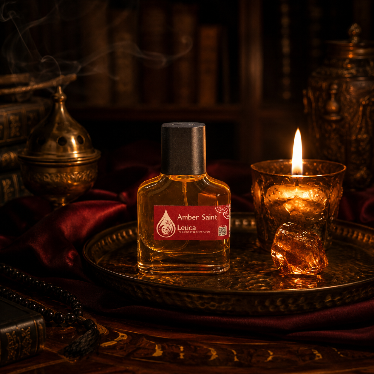 Botol dan kemasan parfum Leuca Amber Saint