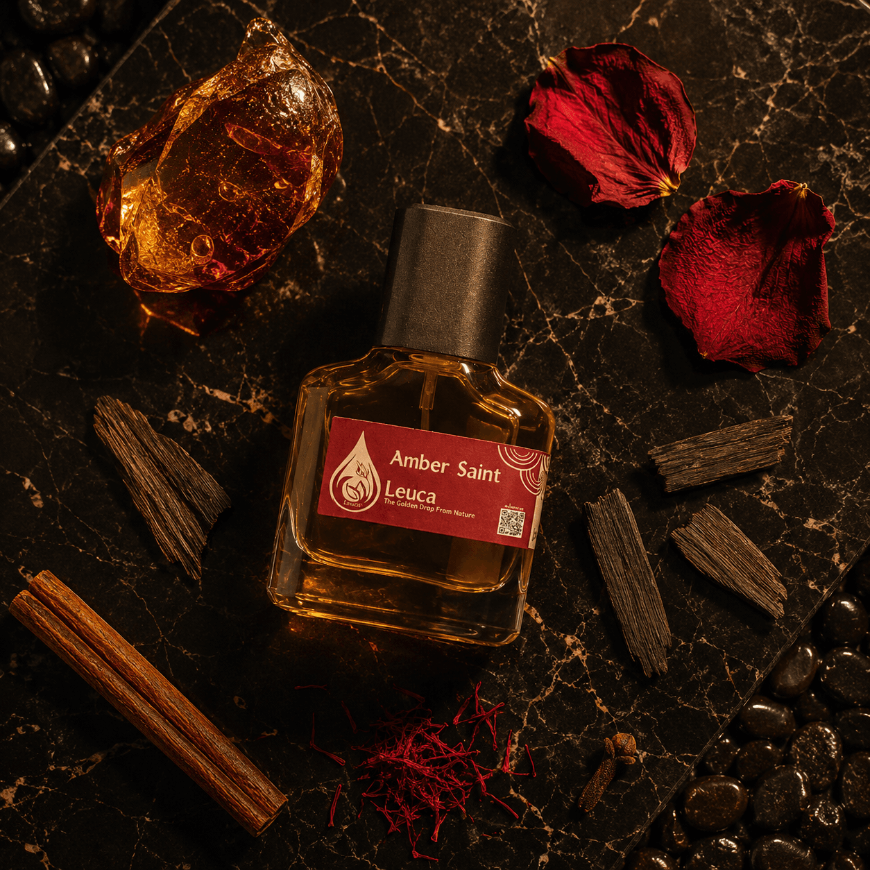 Botol dan kemasan parfum Leuca Amber Saint