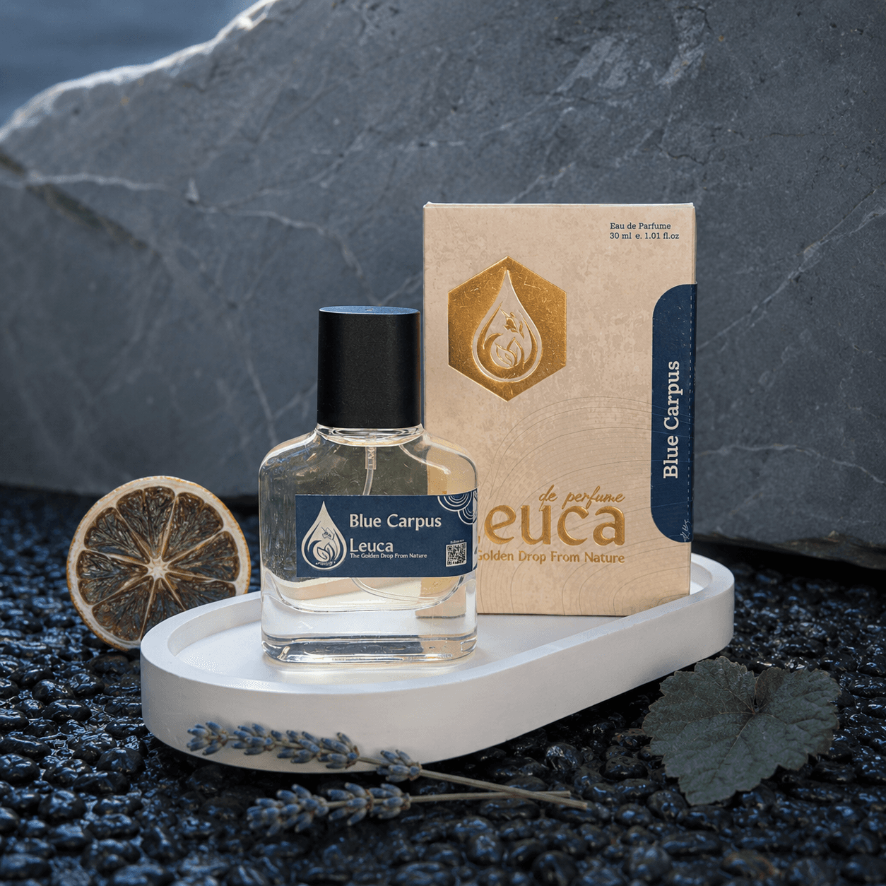 Botol dan kemasan parfum Leuca Blue Carpus